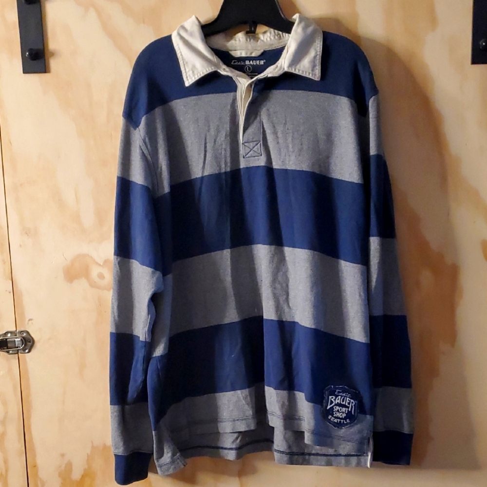 Eddie Bauer Men's Blue and Gray Striped Shirt